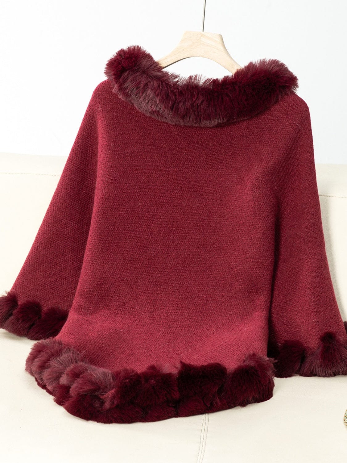 Fuzzy Trim Texture Three-Quarter Sleeve Poncho - Trendsi