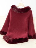 Fuzzy Trim Texture Three-Quarter Sleeve Poncho - Trendsi