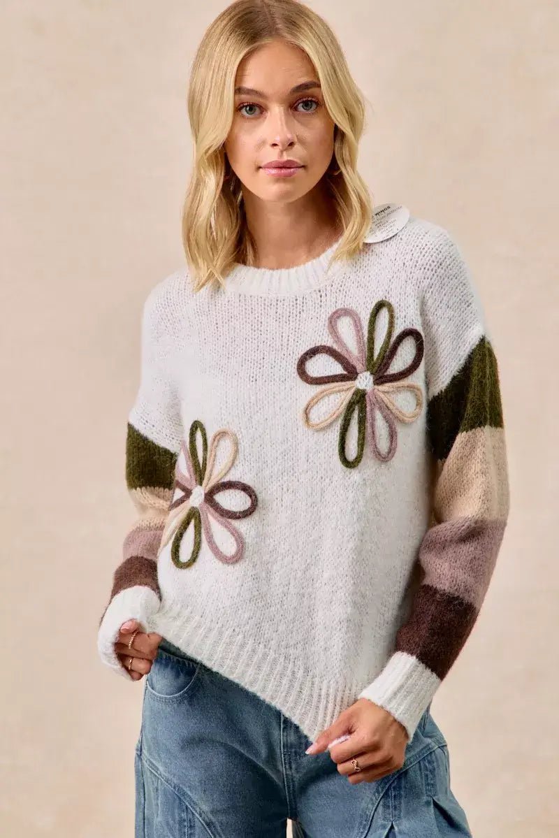 BiBi Flower Color Block Sweater - Trendsi - Flyclothing LLC
