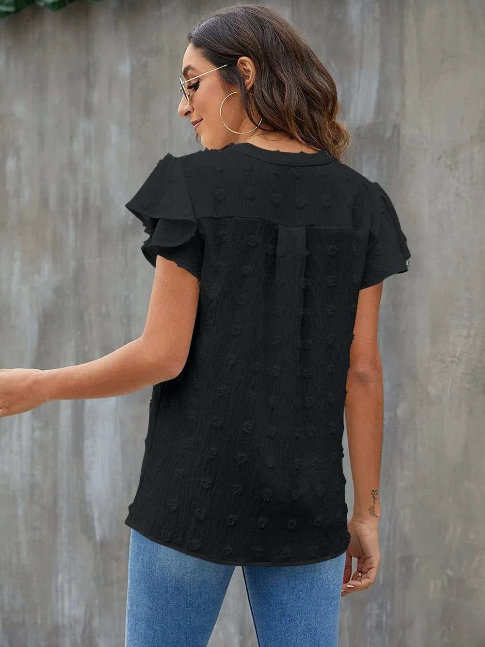 Swiss Dot Notched Flutter Sleeve Blouse - Trendsi - Flyclothing LLC