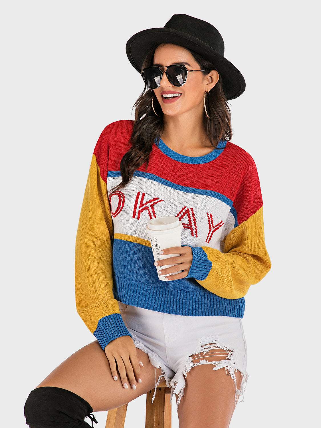 Perfee OKAY Contrast Dropped Shoulder Long Sleeve Sweater - Trendsi - Flyclothing LLC
