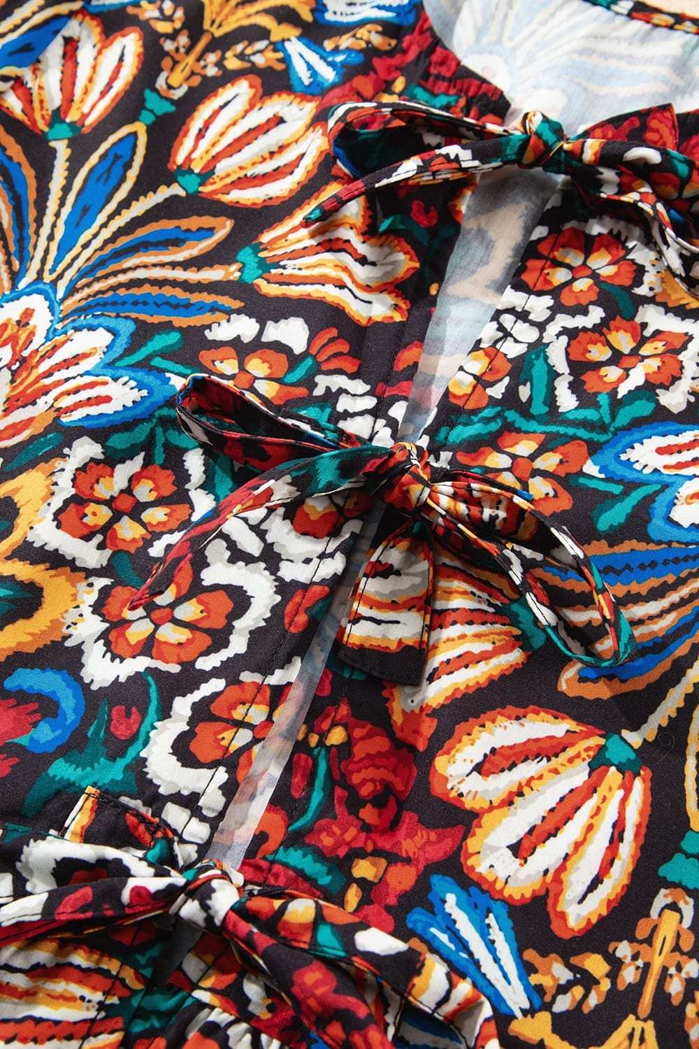 Tropical Print Puff Sleeve Knot Front Blouse - Trendsi - Flyclothing LLC