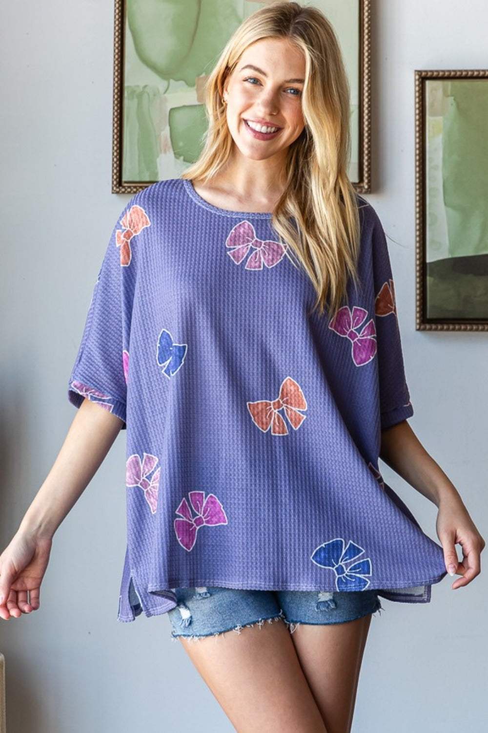 HOPELY Bow Print Waffle Side Slit T-Shirt - Trendsi - Flyclothing LLC