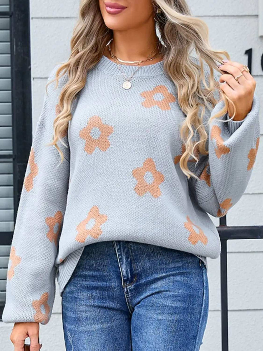 Flower Round Neck Dropped Shoulder Sweater - Trendsi - Flyclothing LLC