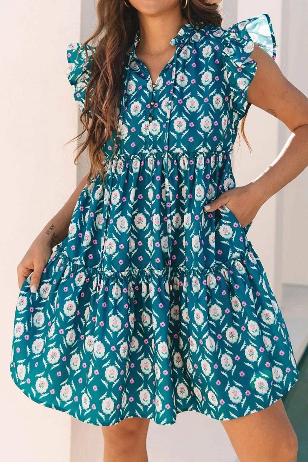 Printed Tie Neck Ruffled Cap Sleeve Dress - Trendsi - Flyclothing LLC