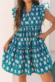 Printed Tie Neck Ruffled Cap Sleeve Dress - Trendsi