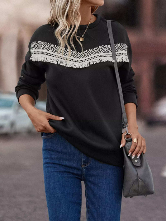 Fringe Trim Crew Neck Sweatshirt - Trendsi - Flyclothing LLC