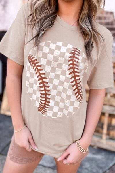 Contrast Checkered Baseball Graphic Round Neck Short Sleeve T-Shirt - Trendsi - Flyclothing LLC