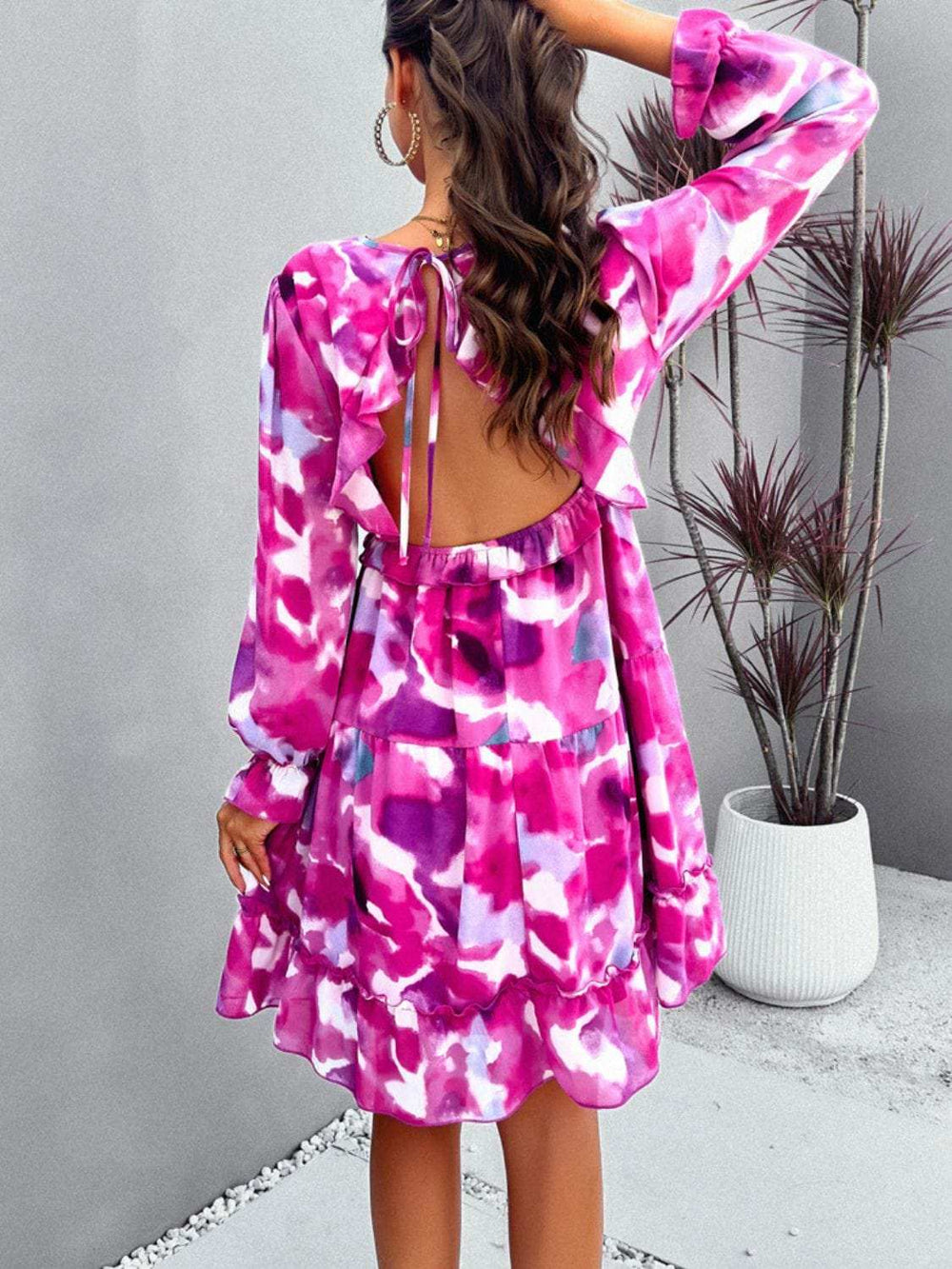 Backless Printed V-Neck Flounce Sleeve Dress - Trendsi - Flyclothing LLC