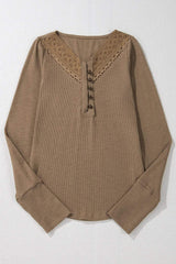 Eyelet V-Neck Long Sleeve Top - Trendsi - Flyclothing LLC
