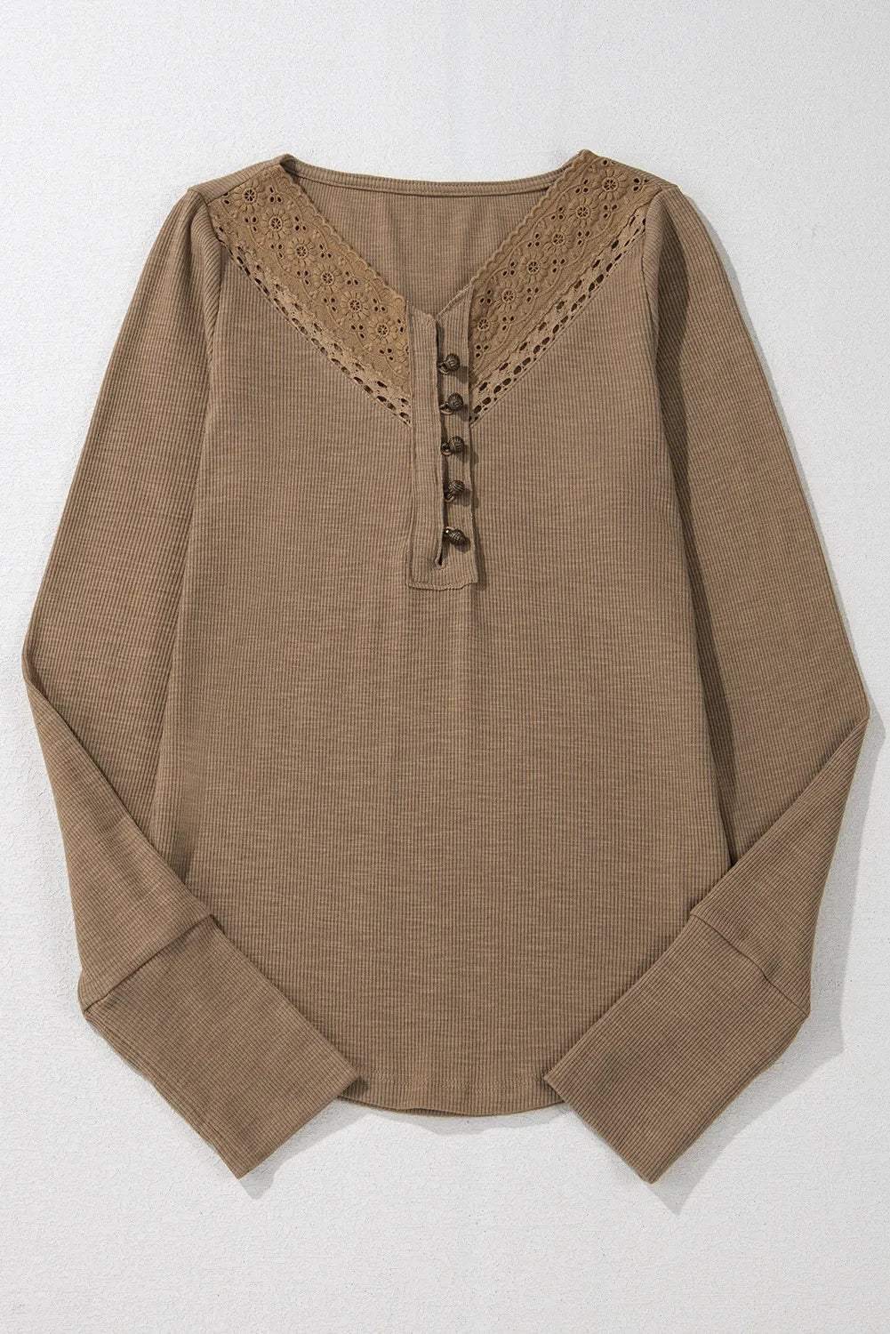 Eyelet V-Neck Long Sleeve Top - Trendsi - Flyclothing LLC