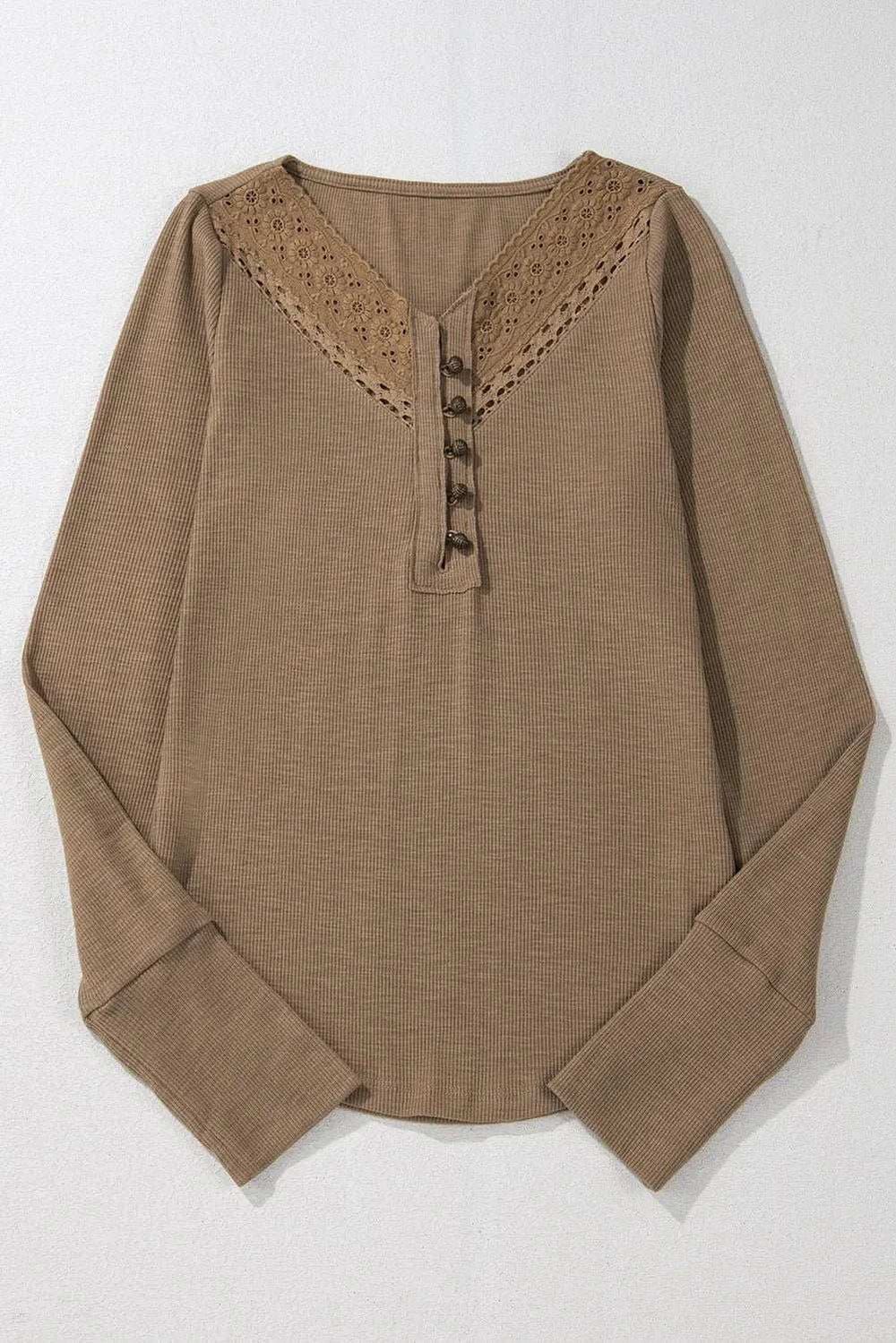 Eyelet V-Neck Long Sleeve Top - Trendsi - Flyclothing LLC