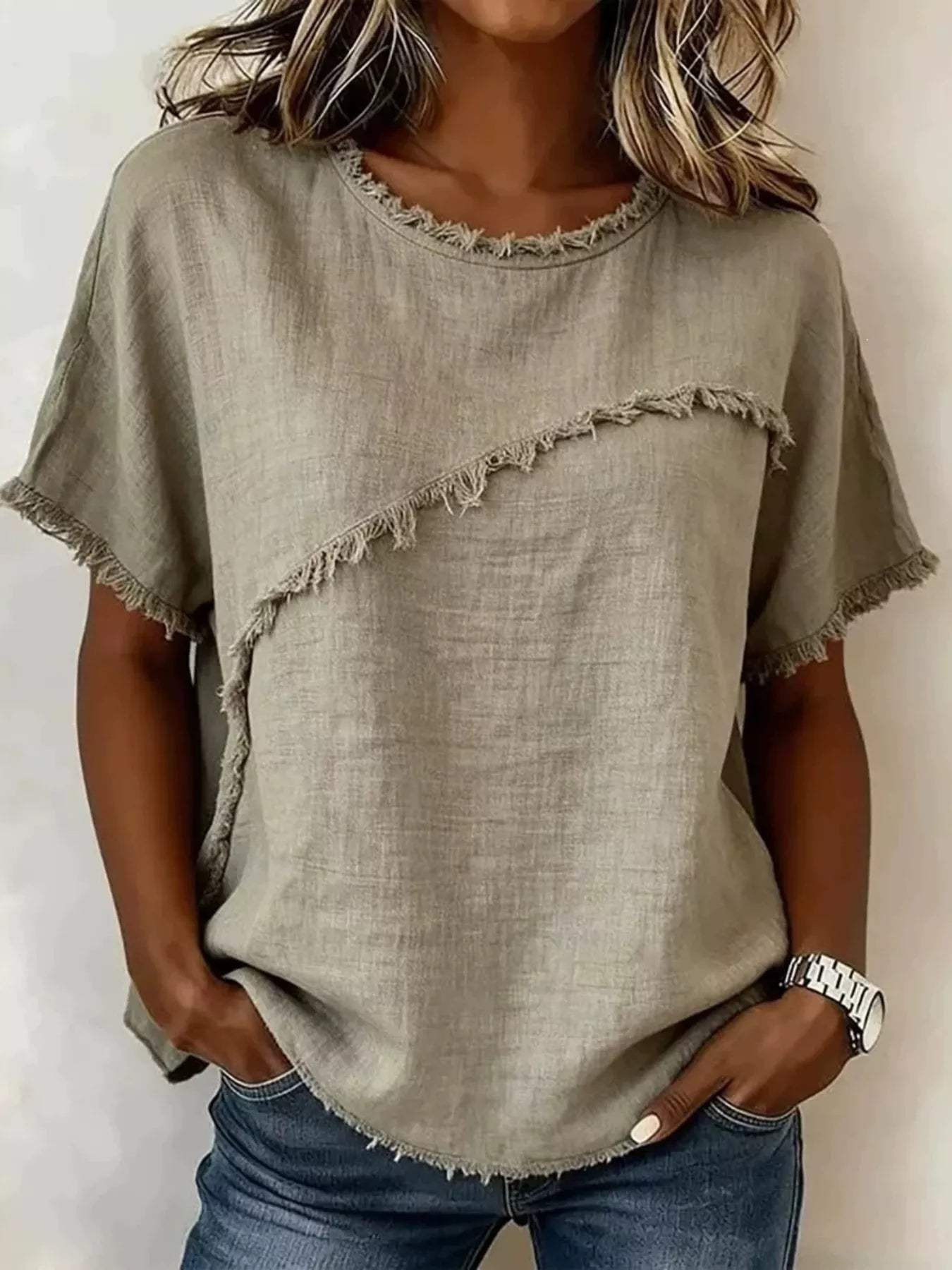 Full Size Frayed Hem Short Sleeve Top Plus Size - Trendsi - Flyclothing LLC