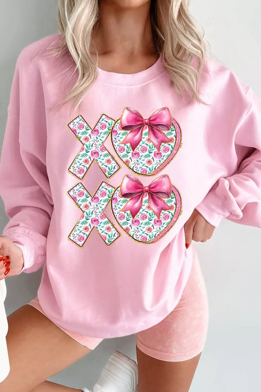 Bow Floral Printed Valentines Day XOXO Sweatshirt - Trendsi - Flyclothing LLC