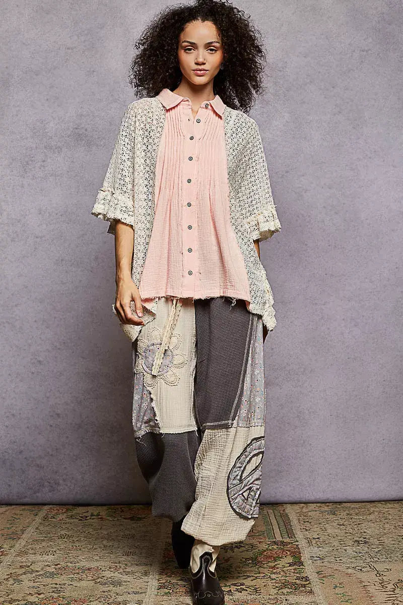 POL Button Down Front Pleated Shirt with Crochet Patch - Trendsi - Flyclothing LLC