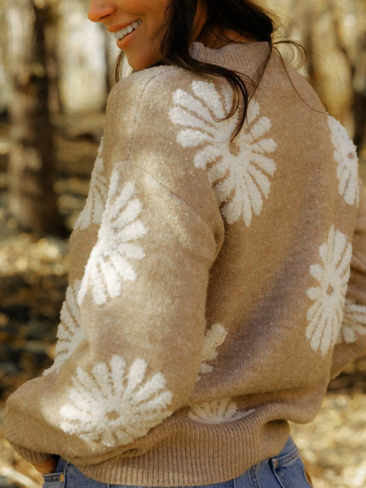 Flower Round Neck Long Sleeve Sweater - Trendsi