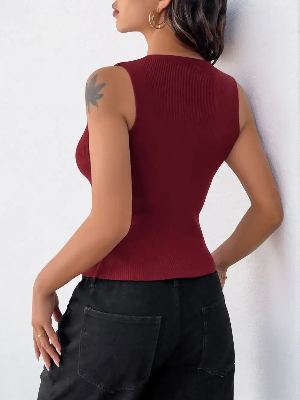 Perfee Ribbed Knot Button Cropped Tank - Trendsi - Flyclothing LLC