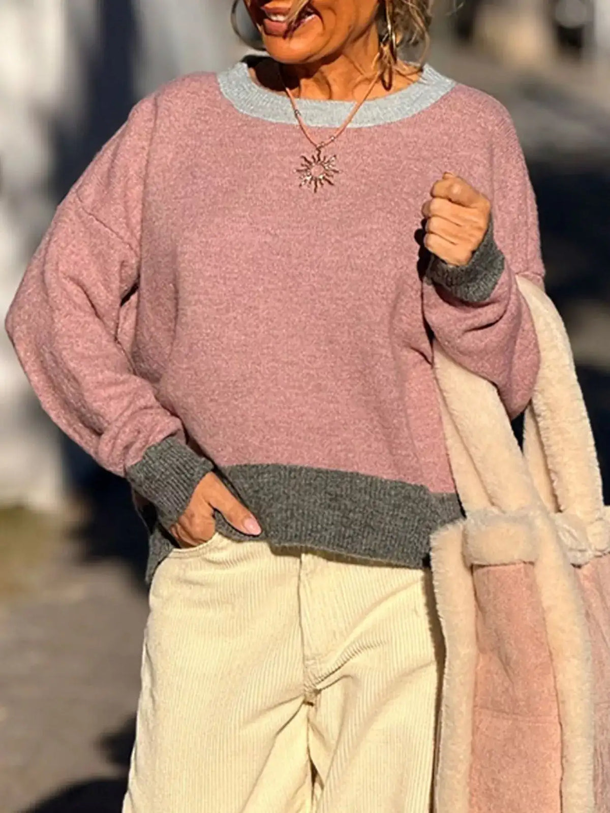 Contrast Trim Crew Neck Sweater - Trendsi - Flyclothing LLC