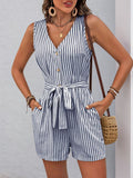 Perfee Striped V-Neck Tie Waist Romper - Trendsi
