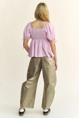 Davi & Dani Solid Elastic Peplum Puffed Sleeves Blouse - Trendsi - Flyclothing LLC
