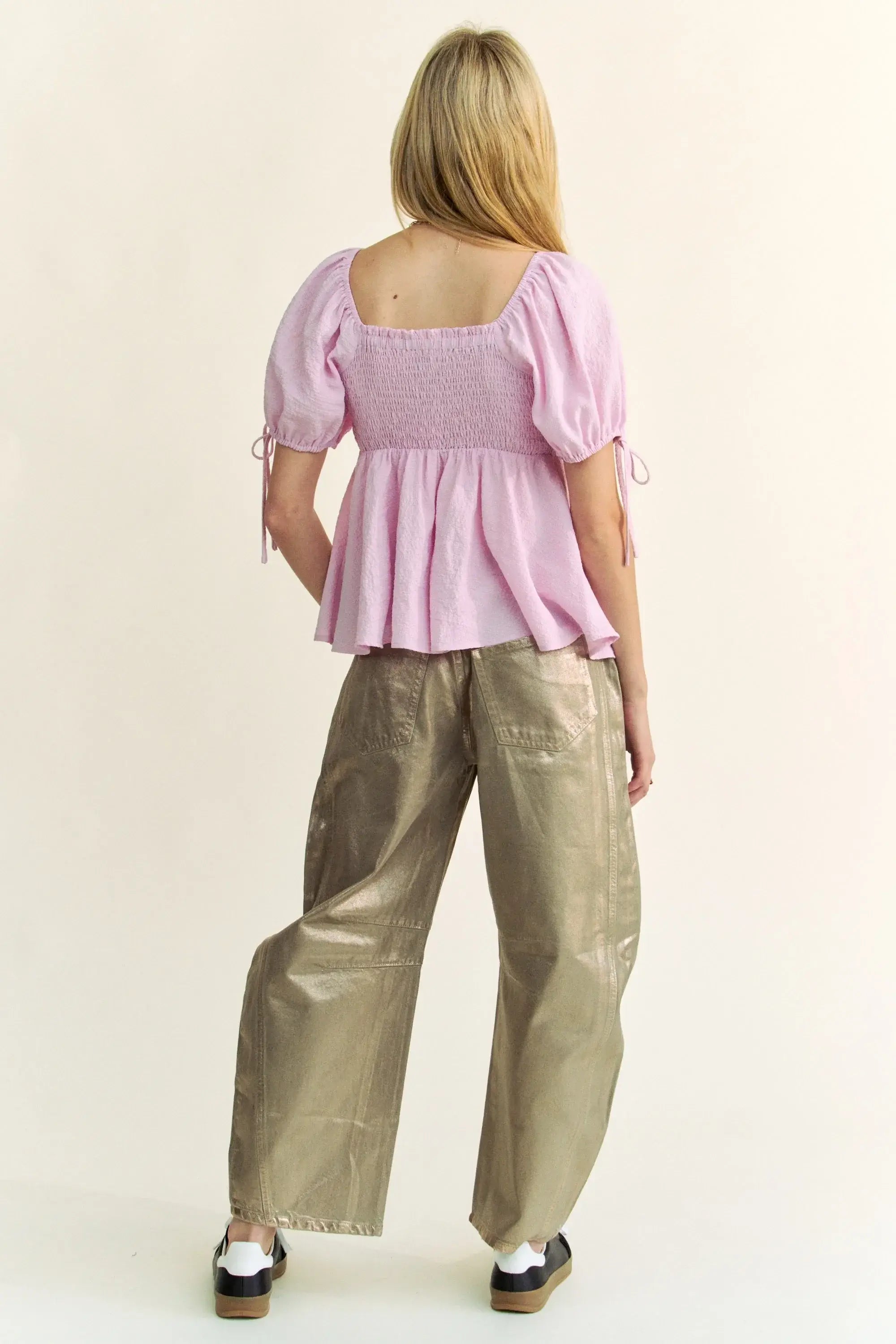 Davi & Dani Solid Elastic Peplum Puffed Sleeves Blouse - Trendsi - Flyclothing LLC