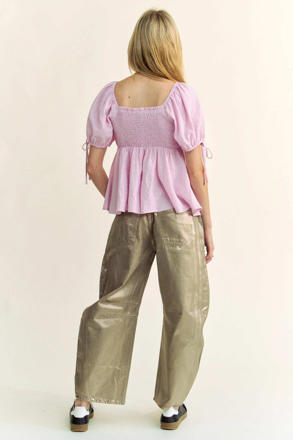 Davi & Dani Solid Elastic Peplum Puffed Sleeves Blouse - Trendsi - Flyclothing LLC