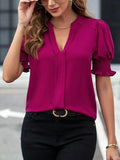 Notched Short Sleeve Blouse - Trendsi - Flyclothing LLC