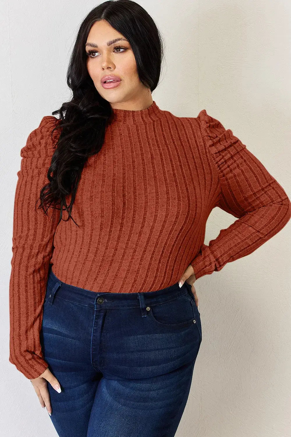 Basic Bae Full Size Ribbed Mock Neck Puff Sleeve T-Shirt - ShopBasicbae - Flyclothing LLC