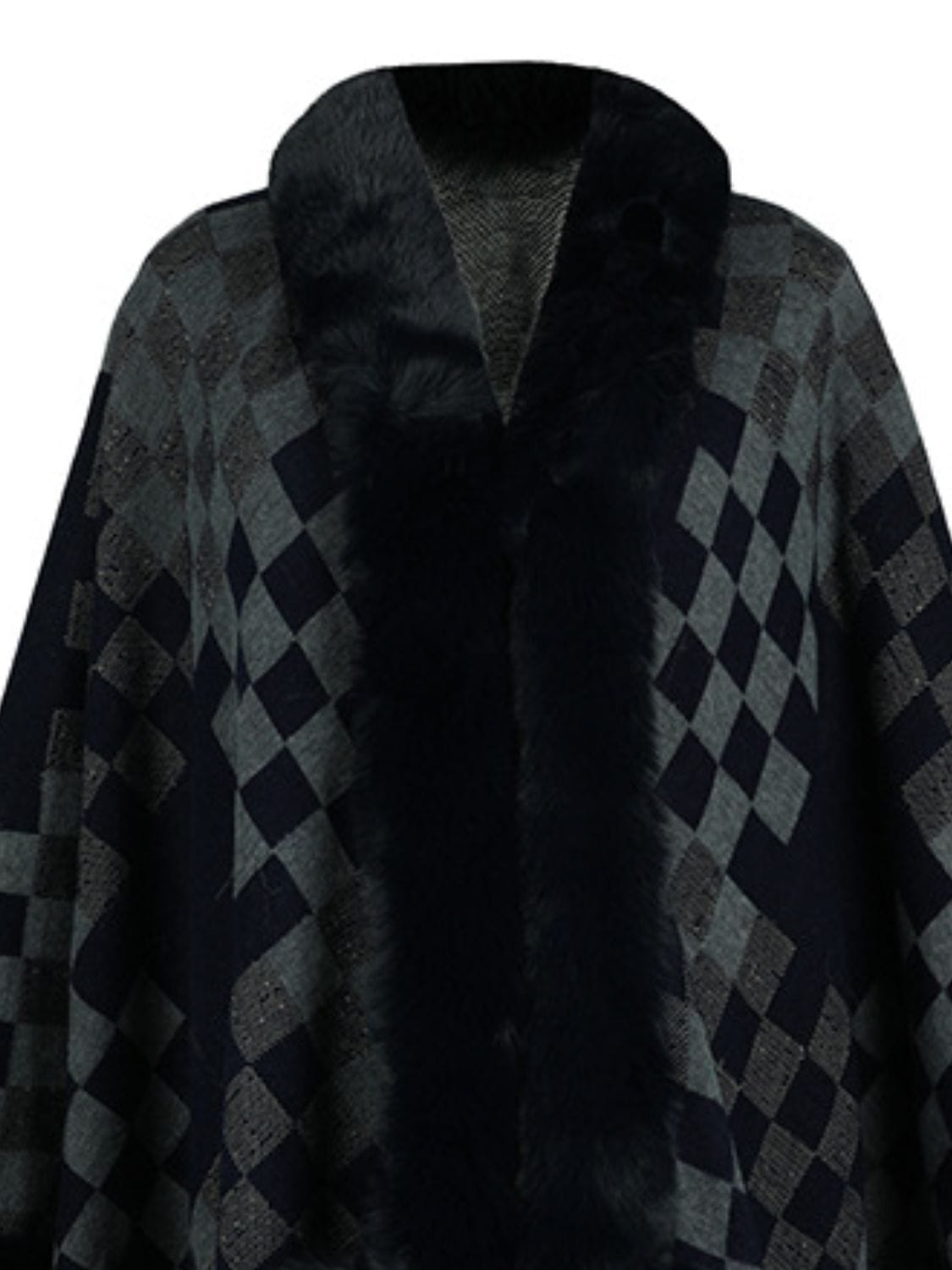 Fuzzy Checkered Long Sleeve Poncho - Trendsi
