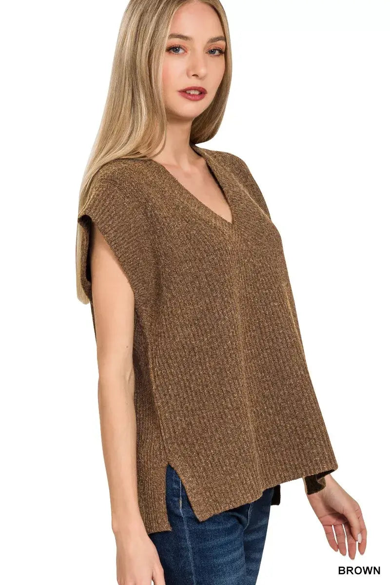 Zenana Ribbed Slit V-Neck Sweater Vest - Trendsi - Flyclothing LLC