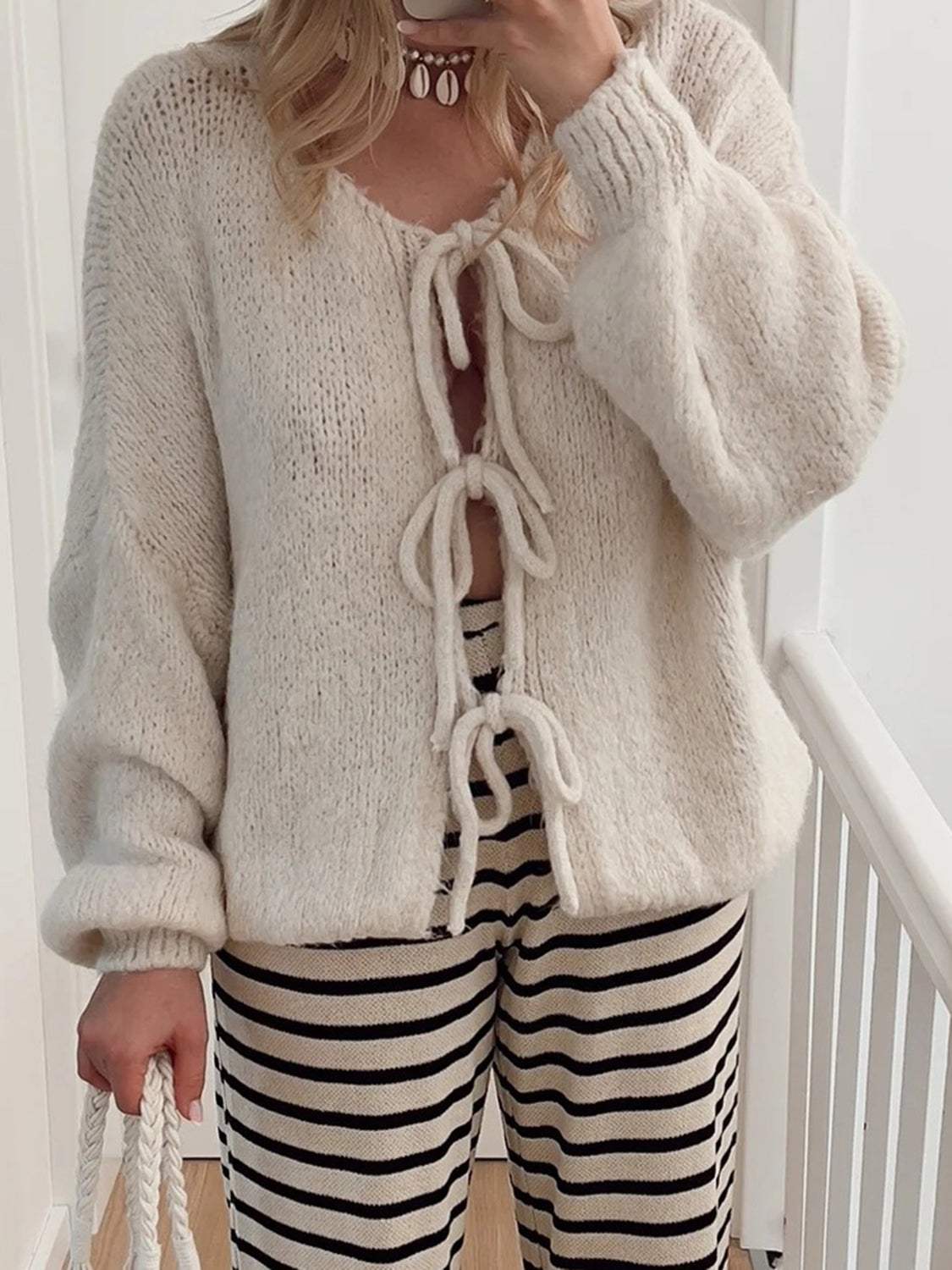 Tied Long Sleeve Dropped Shoulder Cardigan - Trendsi - Flyclothing LLC