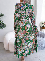 Tied Printed Long Sleeve Midi Dress - Trendsi - Flyclothing LLC
