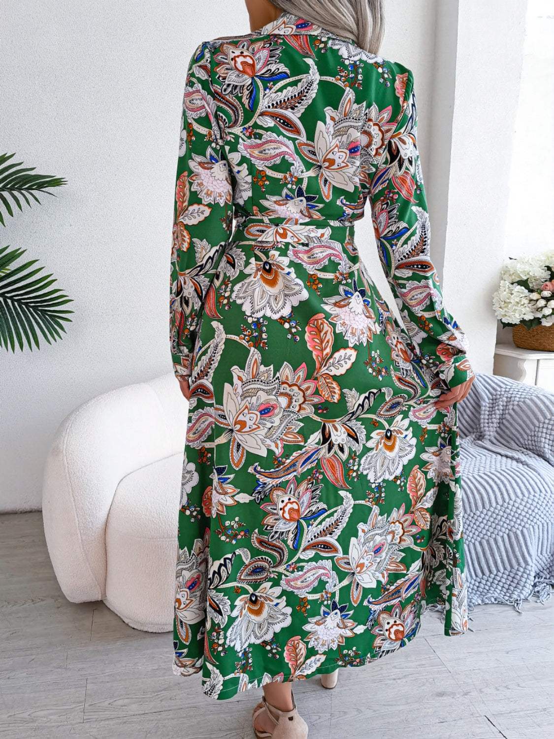 Tied Printed Long Sleeve Midi Dress - Trendsi - Flyclothing LLC
