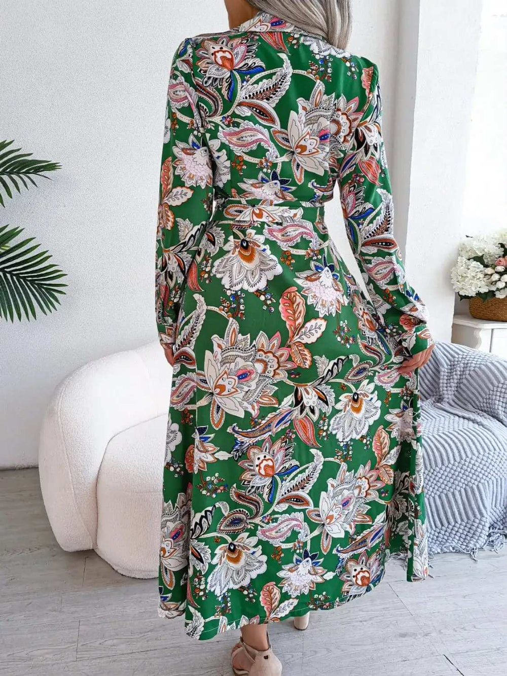 Tied Printed Long Sleeve Midi Dress - Trendsi - Flyclothing LLC