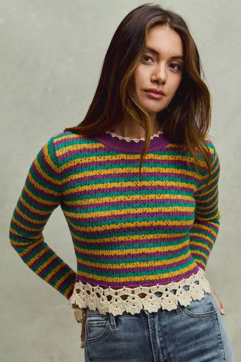 SO ME Mardi Gras Striped Cropped Knit Top with Crochet Edge - Trendsi - Flyclothing LLC