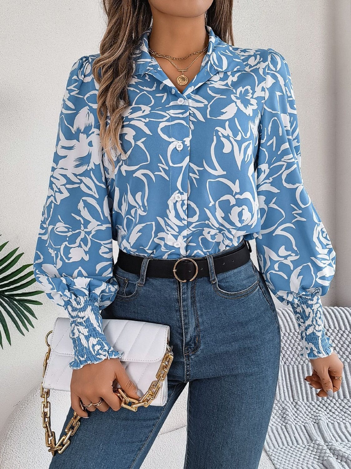 Printed Collared Neck Lantern Sleeve Shirt - Trendsi