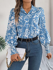 Printed Collared Neck Lantern Sleeve Shirt - Trendsi