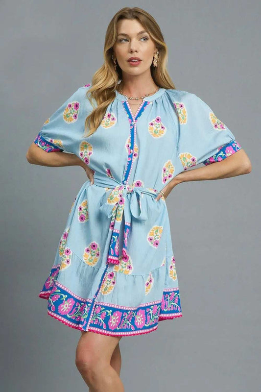 Umgee Floral Print Tie Waist Short Sleeve Dress - Trendsi - Flyclothing LLC