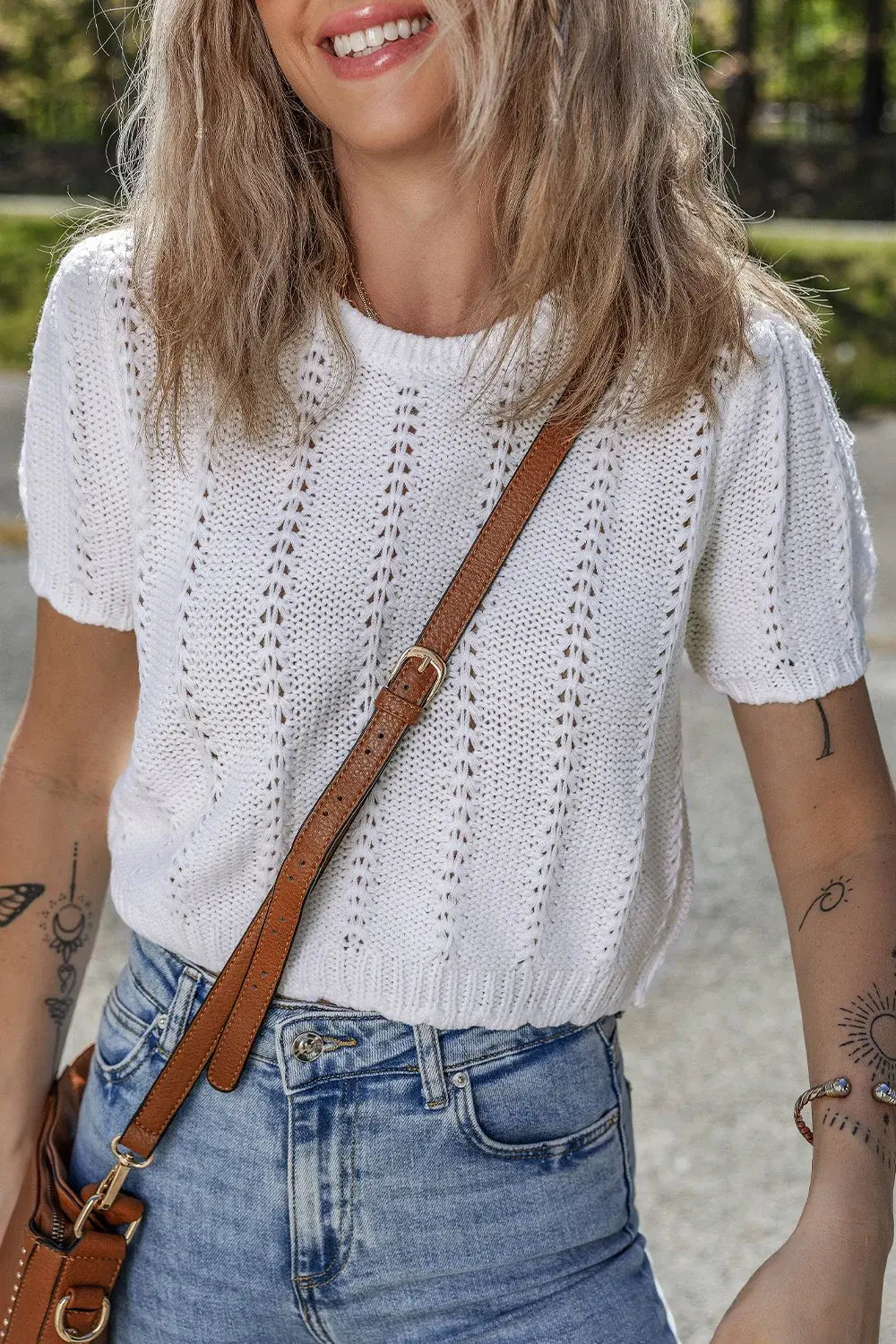 Openwork Round Neck Short Sleeve Knit Top - Trendsi - Flyclothing LLC