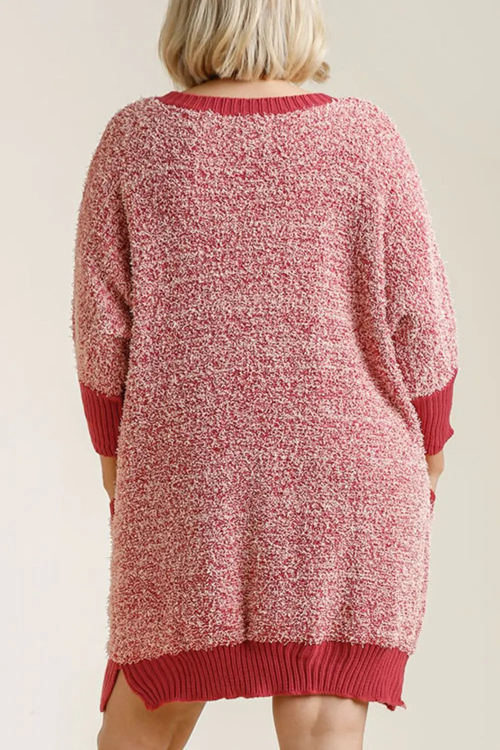 Umgee Full Size Ribbed Hem Round Neck 3/4 Sleeve Sweater Dress with Pockets Plus Size - Trendsi - Flyclothing LLC
