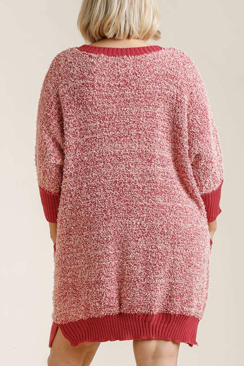 Umgee Full Size Ribbed Hem Round Neck 3/4 Sleeve Sweater Dress with Pockets Plus Size - Trendsi - Flyclothing LLC