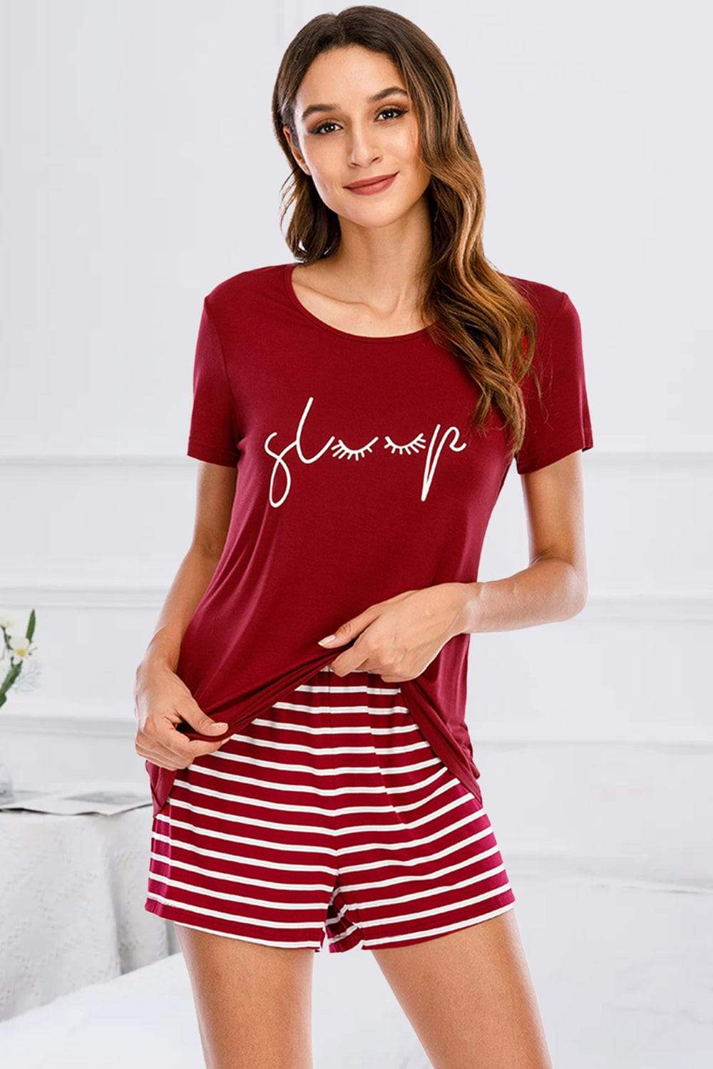 Graphic Round Neck Top and Striped Shorts Lounge Set - Trendsi - Flyclothing LLC