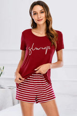 Graphic Round Neck Top and Striped Shorts Lounge Set - Trendsi - Flyclothing LLC