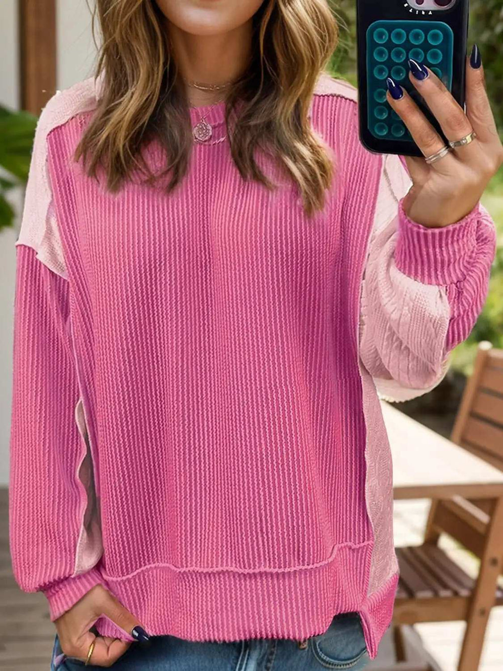 Exposed Seam Contrast Round Neck Sweatshirt - Trendsi - Flyclothing LLC