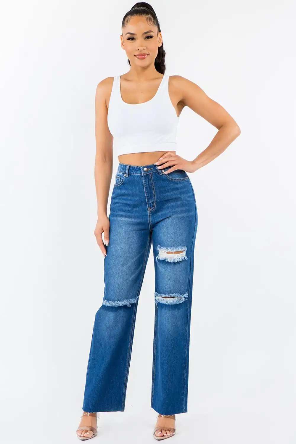 American Bazi High Waist Distressed Wide Leg Jeans - Trendsi - Flyclothing LLC