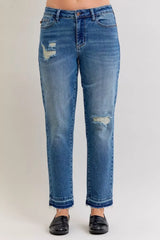 Judy Blue Full Size Mid Rise Bf Patch & Repair Destroy Release Hem Jeans Plus Size - Trendsi - Flyclothing LLC