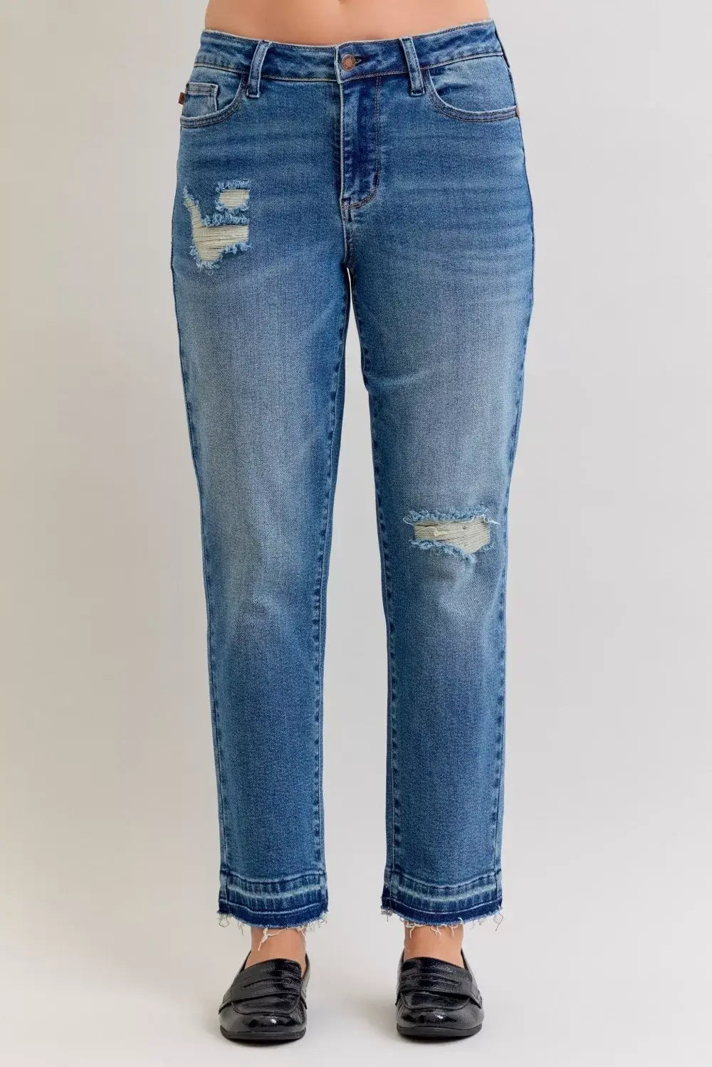 Judy Blue Full Size Mid Rise Bf Patch & Repair Destroy Release Hem Jeans Plus Size - Trendsi - Flyclothing LLC