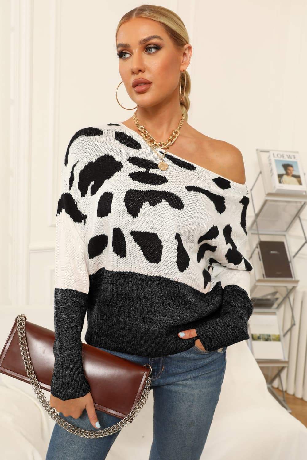 Full Size Two-Tone Boat Neck Sweater - Trendsi - Flyclothing LLC