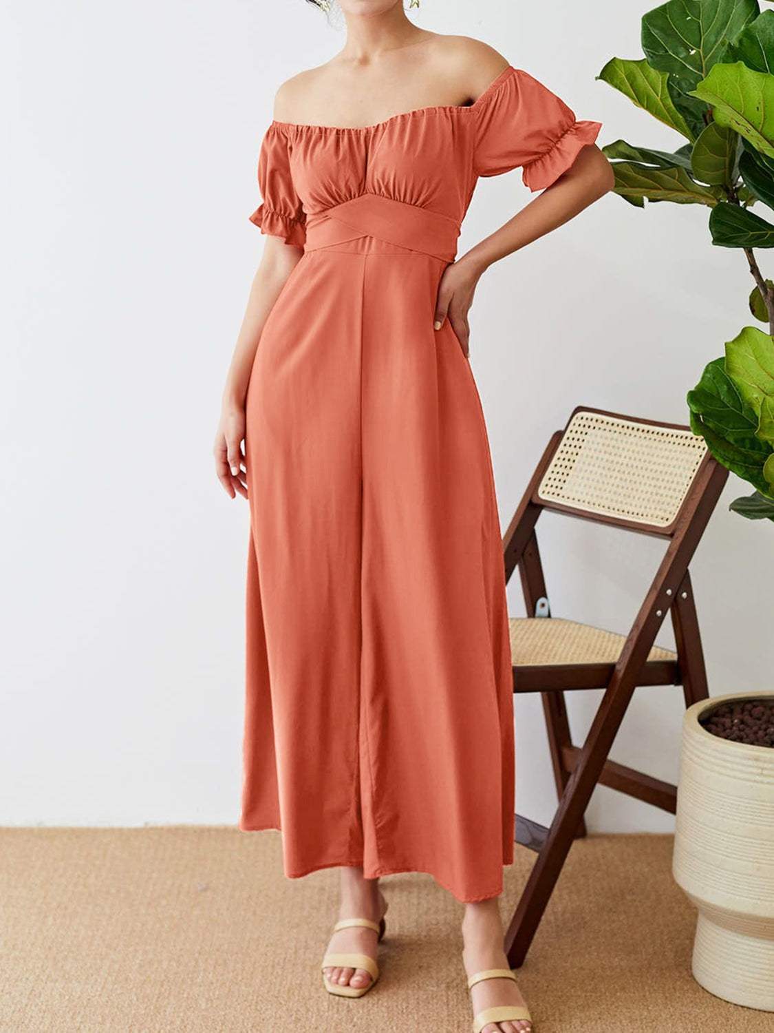 Off-Shoulder Short Sleeve Wide Leg Jumpsuit - Trendsi - Flyclothing LLC