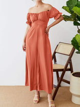 Off-Shoulder Short Sleeve Wide Leg Jumpsuit - Trendsi - Flyclothing LLC